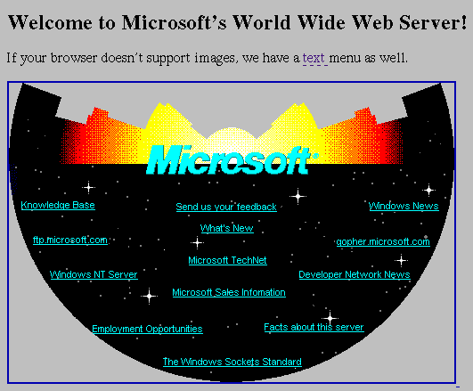 Image of Microsoft's first website, circa 1994. 