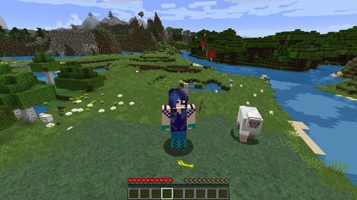 Karen's Minecraft avatar standing in a typical Minecraft landscape