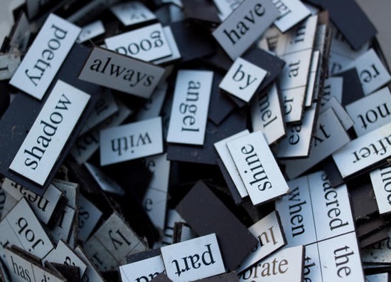 A jumble of word magnets. 